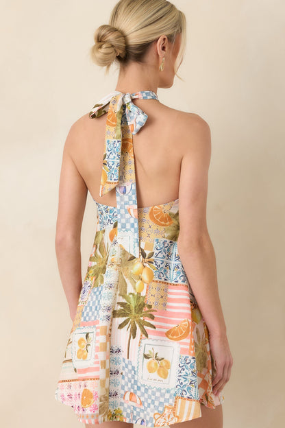 Twist & Spritz Citrus Patchwork Halter Mini Dress