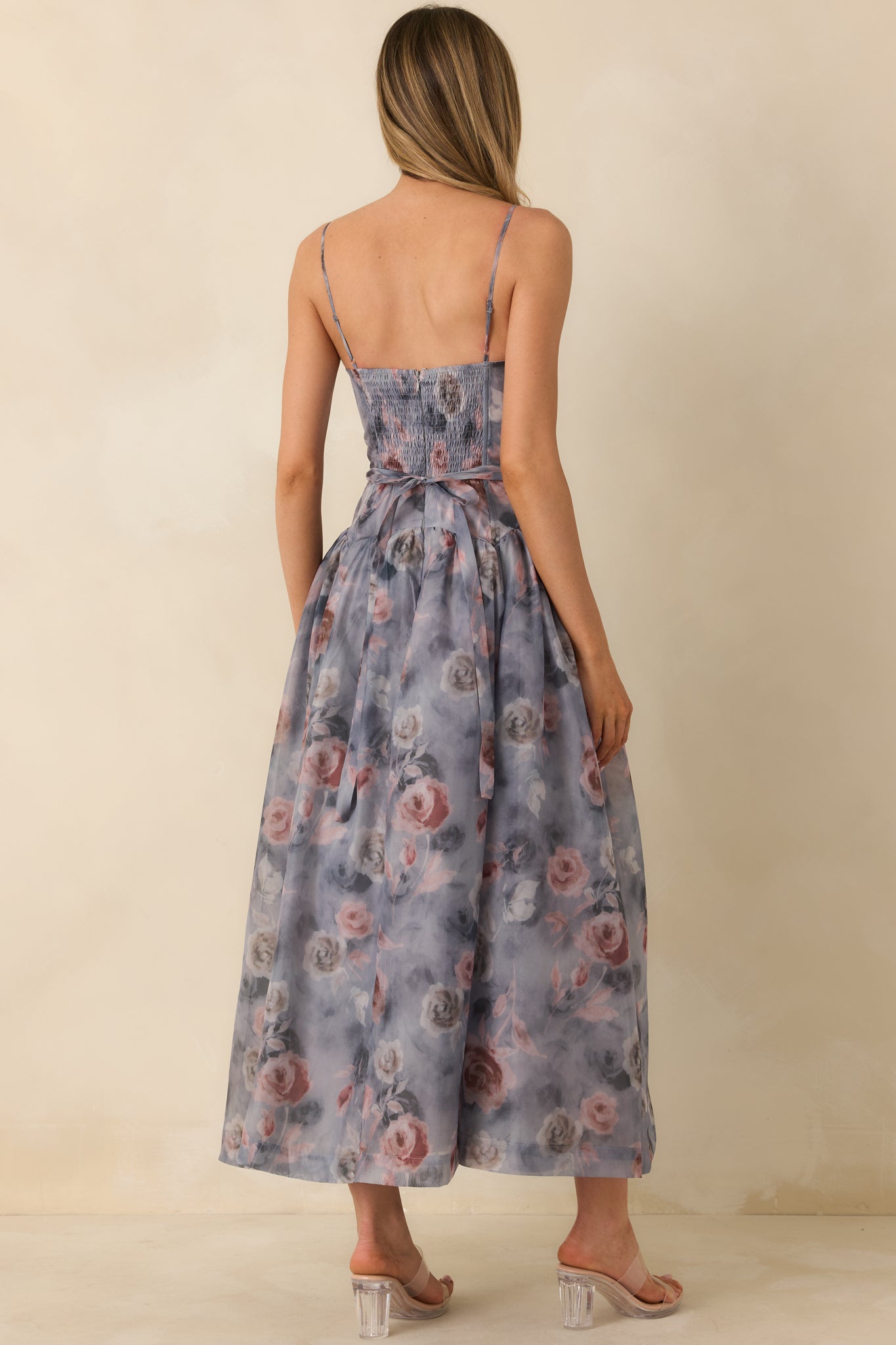 Bloom Service Grey Multi Floral Cutout Bodice Midi Dress