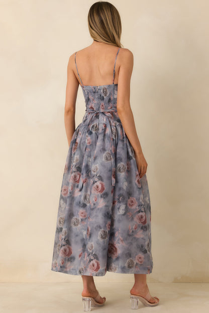 Bloom Service Grey Multi Floral Cutout Bodice Midi Dress