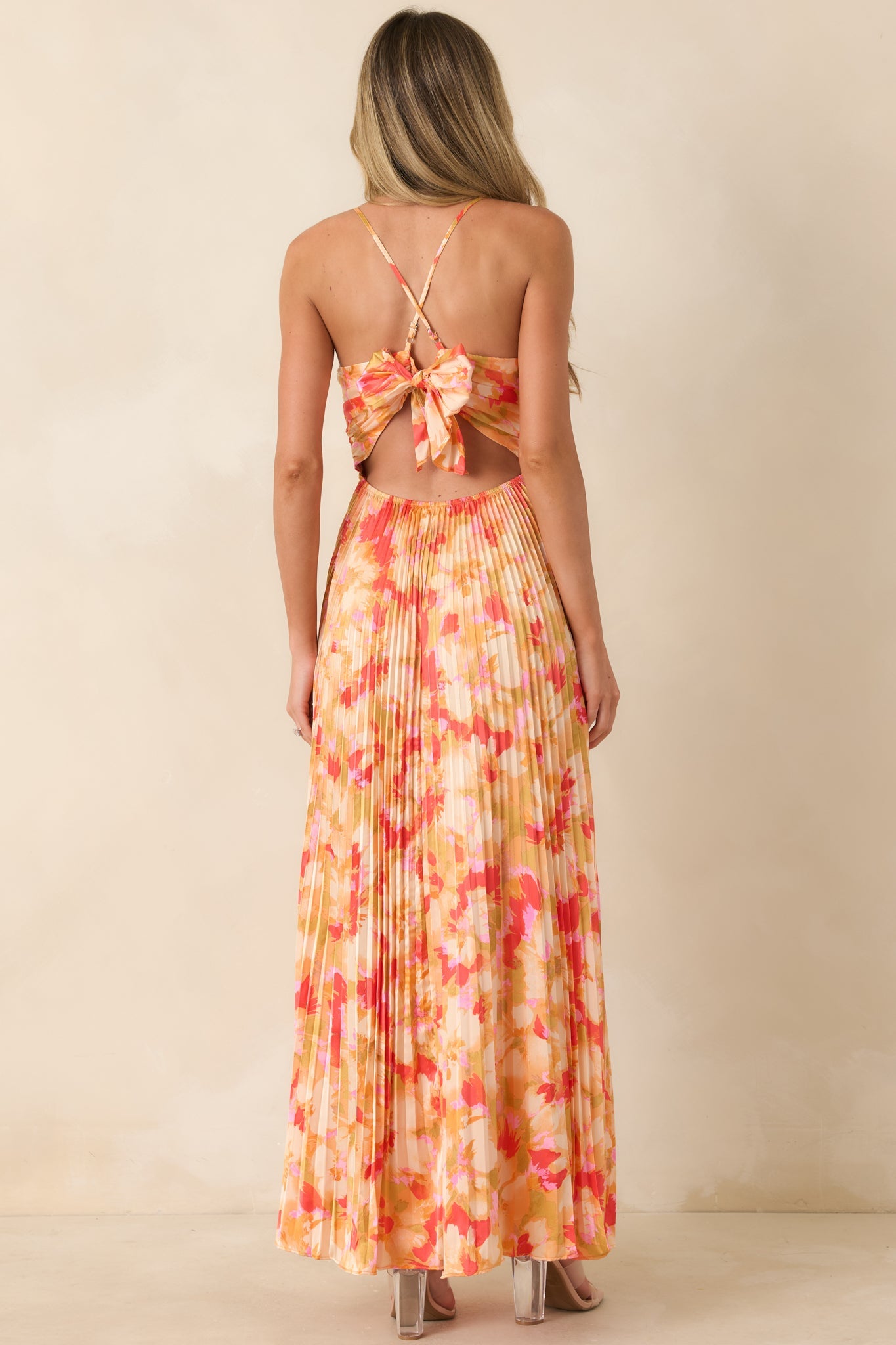 Painted in Sunshine Peach & Red Multi Satin Finish Pleated Maxi Dress