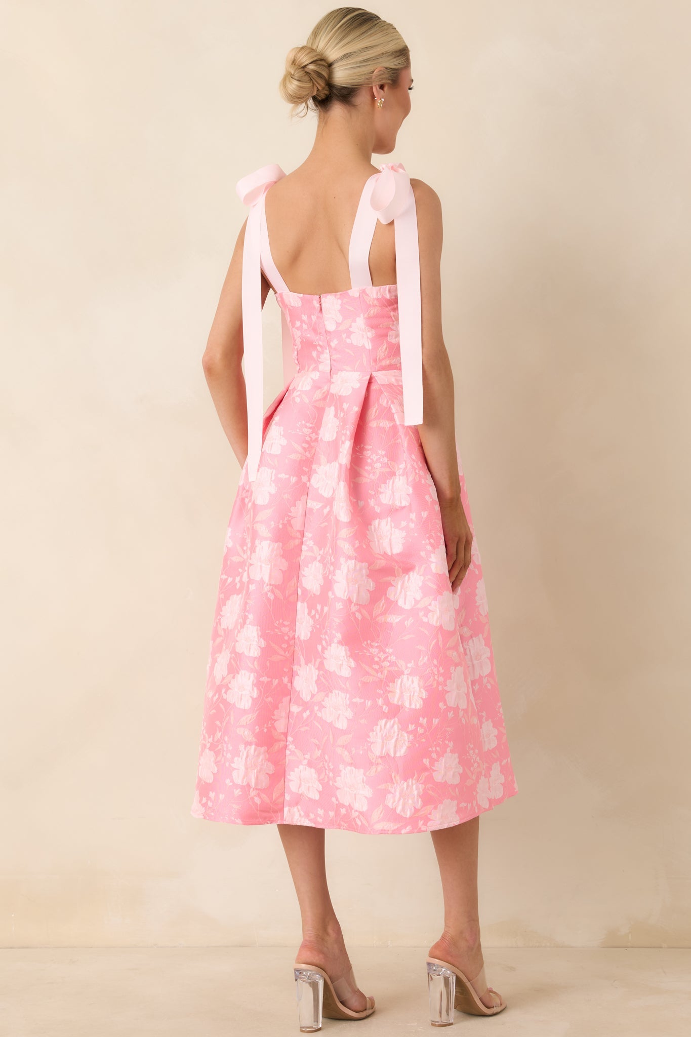 Sweet Disposition Pink Floral Jacquard Tie Strap Midi Dress