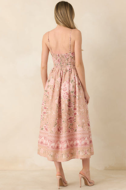 Totally in Love Beige & Pink Floral Deep V-Neck Midi Dress