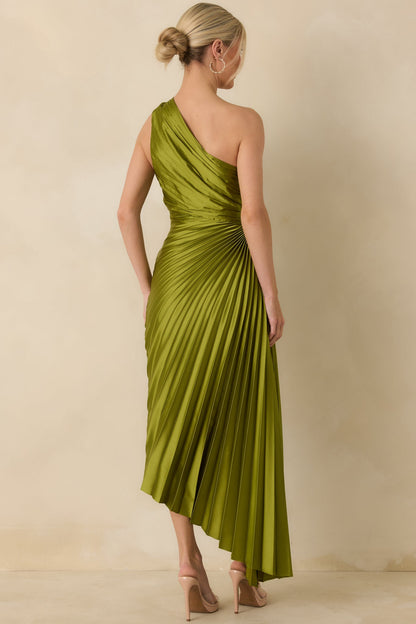 Poetic Charm Olive Green Asymmetric One Shoulder Maxi Dress