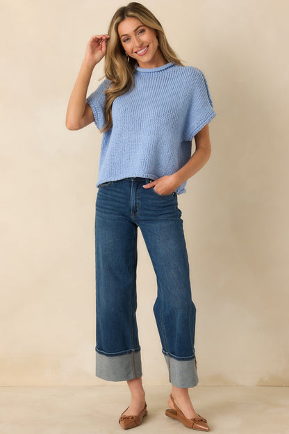 Have a Knack For It Light Blue Chunky Knit Cotton Short Sleeve Sweater