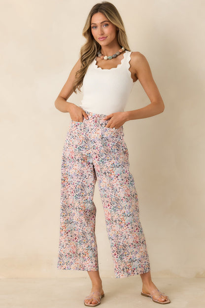 Art in Motion Pink Multi Floral Cotton Wide Leg Pants