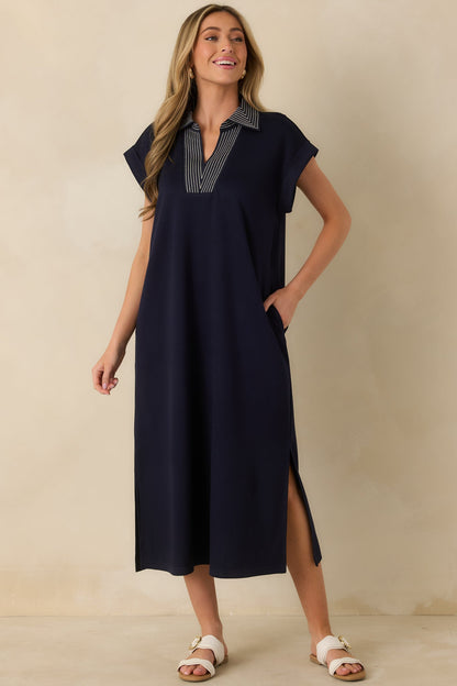 Let It Play Out Navy Knit Contrast Detail V-Neck Short Sleeve Midi Dress