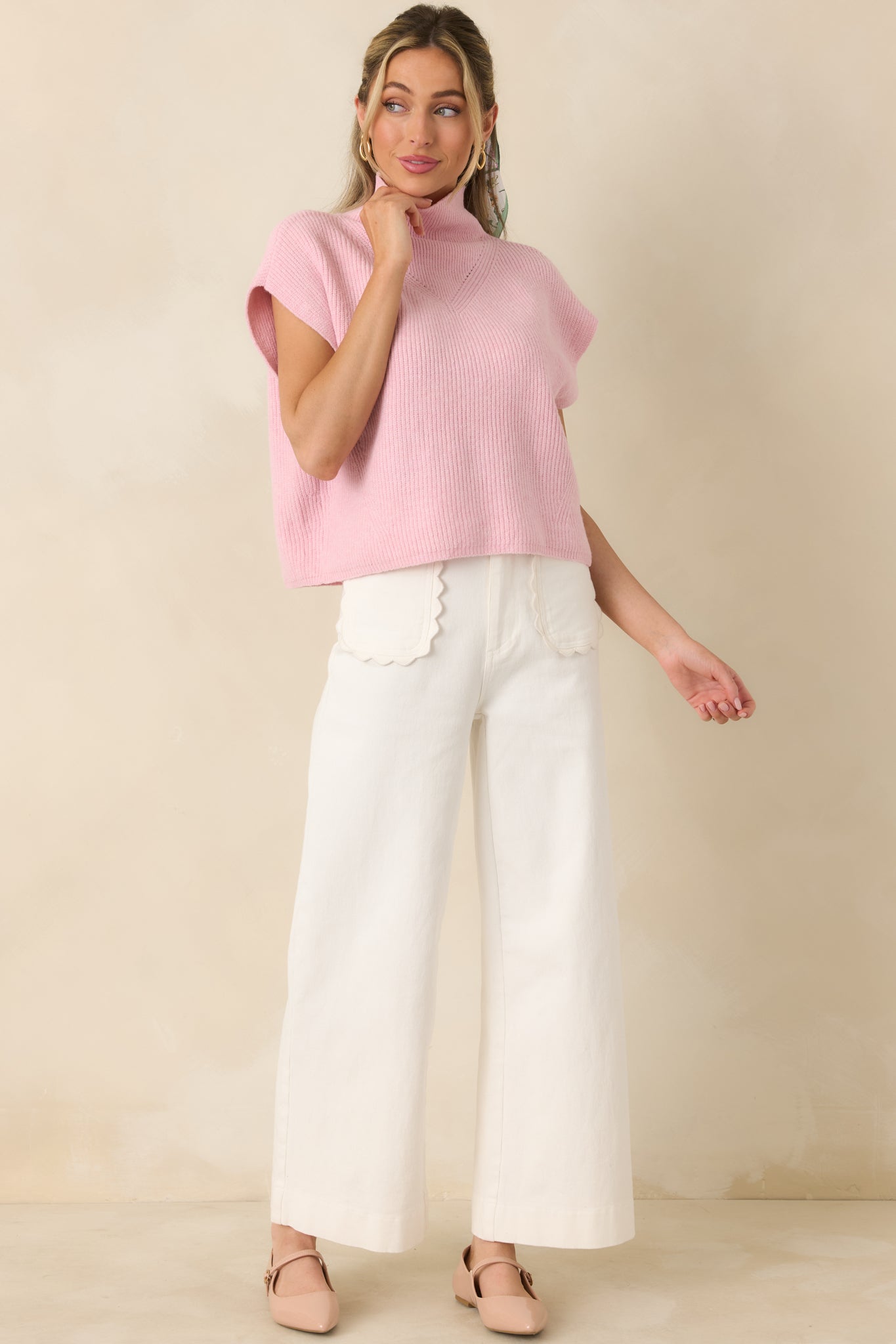 Cool Intentions Light Pink Ribbed Knit Mockneck Cap Sleeve Sweater