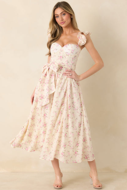 Gabrielle Light Pink Floral Cotton Bustier Midi Dress