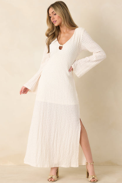 Just a Hint of Glam Ivory Textured Semi-Sheer Long Sleeve Maxi Dress