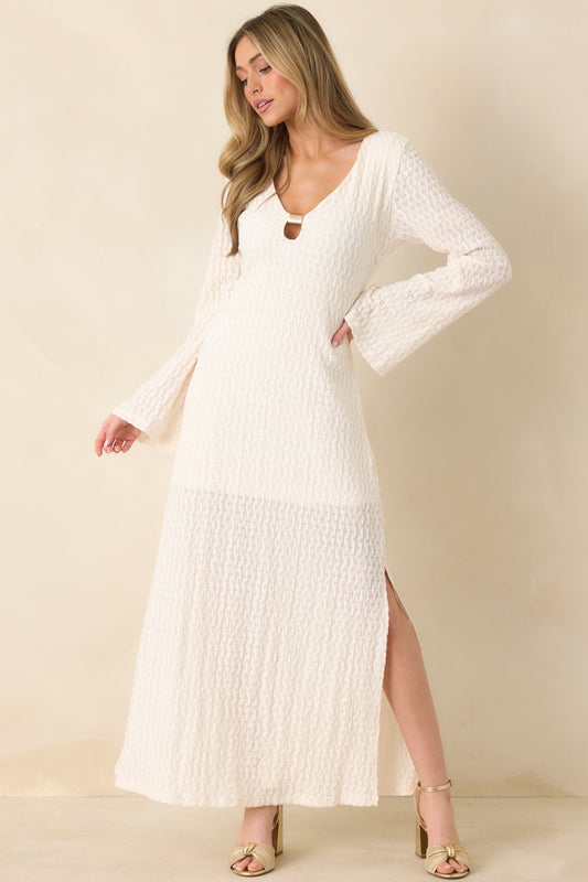Just a Hint of Glam Ivory Textured Semi-Sheer Long Sleeve Maxi Dress