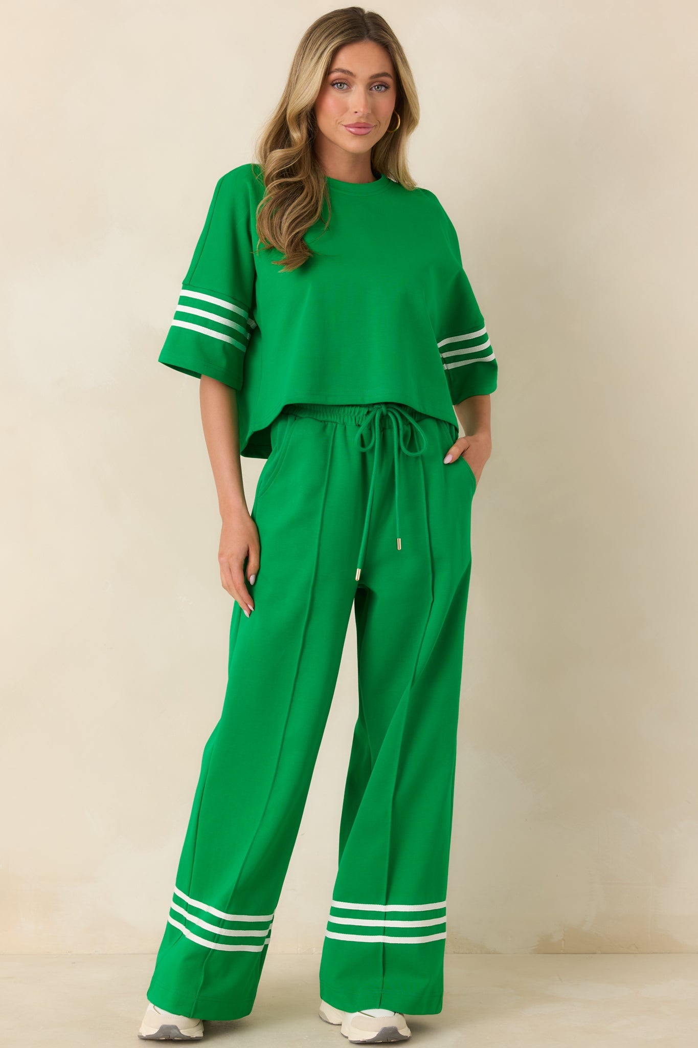 Line & Leisure Green Cotton Blend Contrast Stripe Top