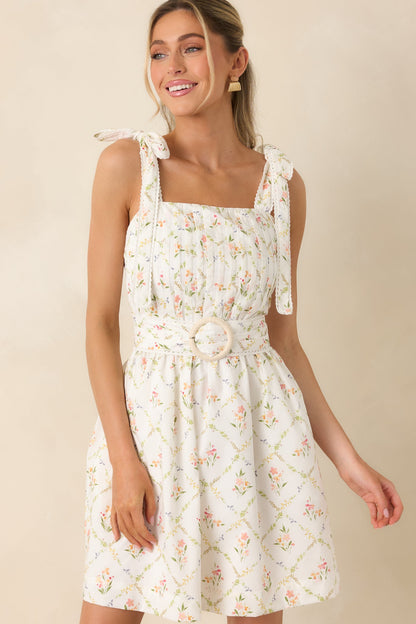 Just Like Spring White Multi Cotton Floral Pleated Mini Dress