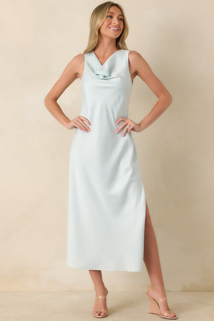 The Moment Is Ours Sky Blue Satin Finish Midi Dress