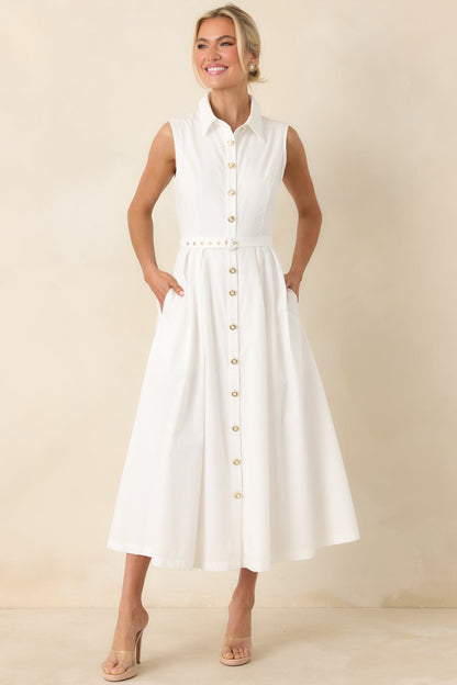 What Can I Say White Cotton Sleeveless Button Front Belted Maxi Dress