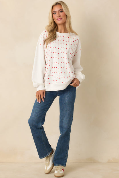 Heartstrings Attached White Cotton Embroidered Heart Crewneck Sweatshirt