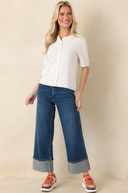 Classic Choice Ivory Knit Button Front Short Sleeve Top