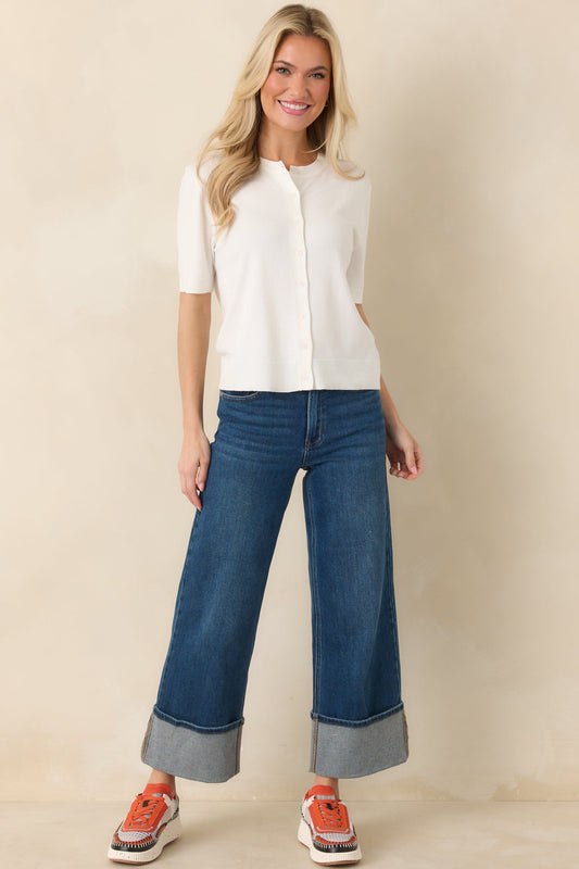 Classic Choice Ivory Knit Button Front Short Sleeve Top