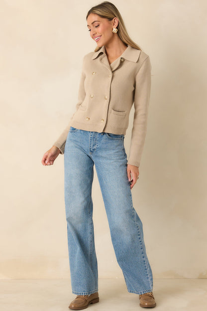 Well Kept Secrets Taupe Knit Cotton Double Breasted Cardigan
