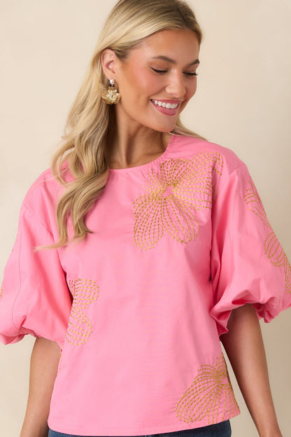 Pop of Play Pink Contrast Embroidered Cotton Top