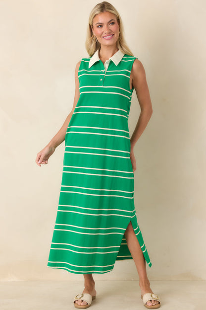 Polished Play Green Stripe Cotton Sleeveless Maxi Dress