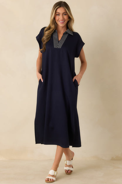 Let It Play Out Navy Knit Contrast Detail V-Neck Short Sleeve Midi Dress