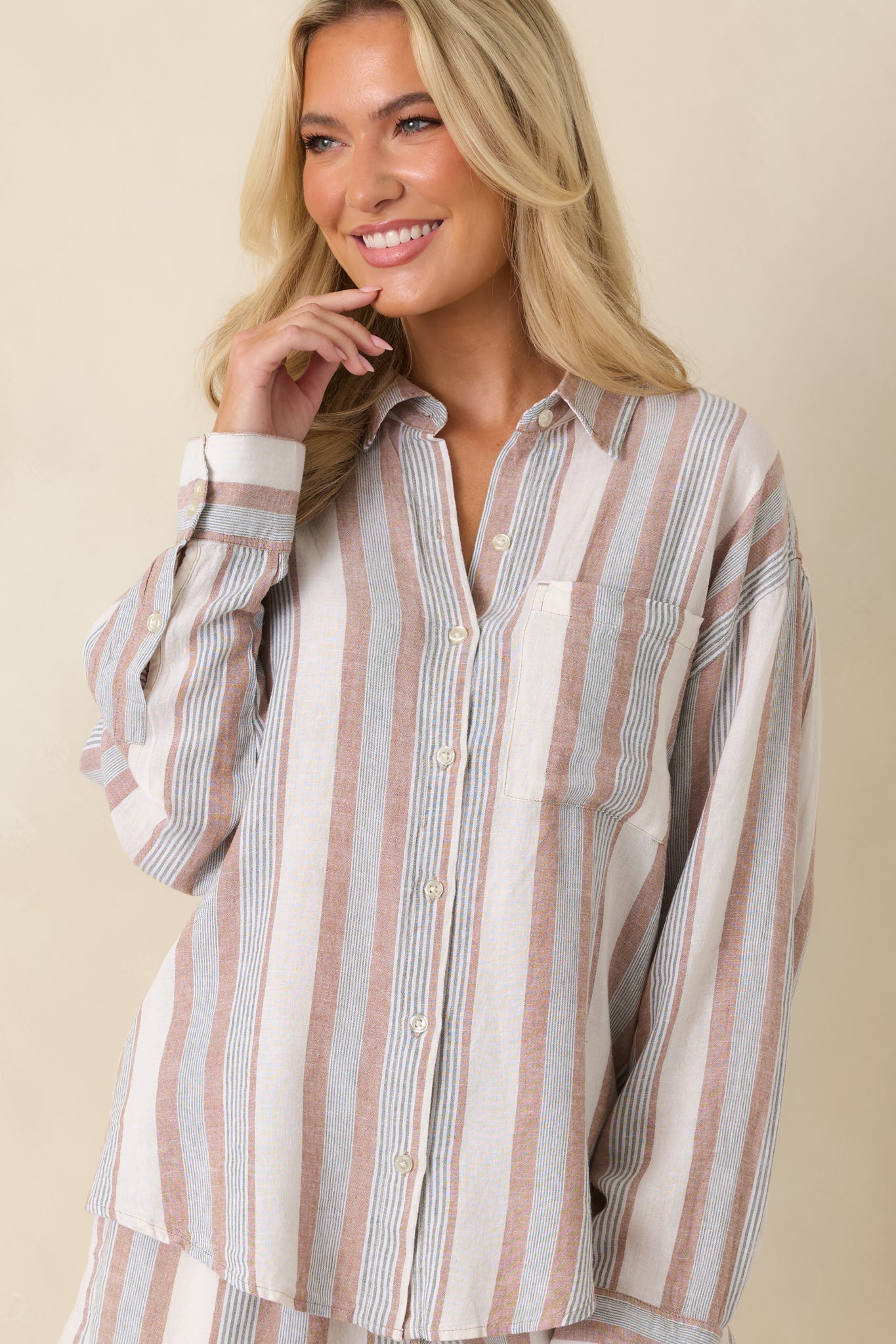 Z Supply The Perfect Beige & Green Stripe Button Up Top