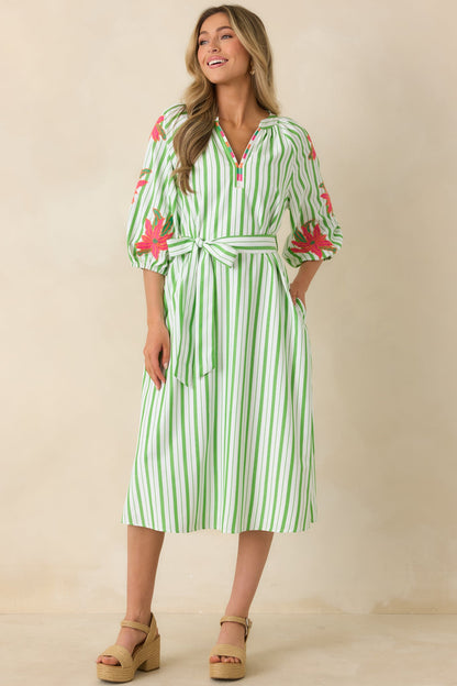 Having a Bright Outlook Green Stripe Floral Midi Dress