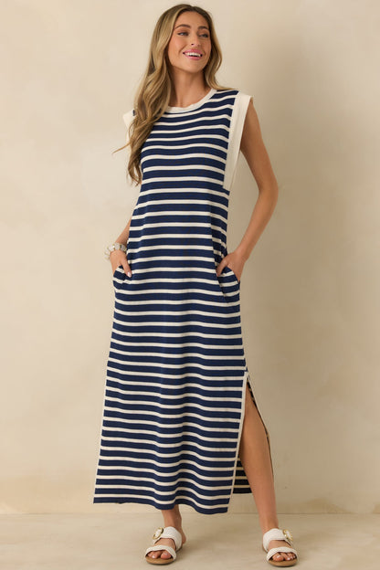 Keep It Straight Navy Stripe Stretch Knit Maxi Dress