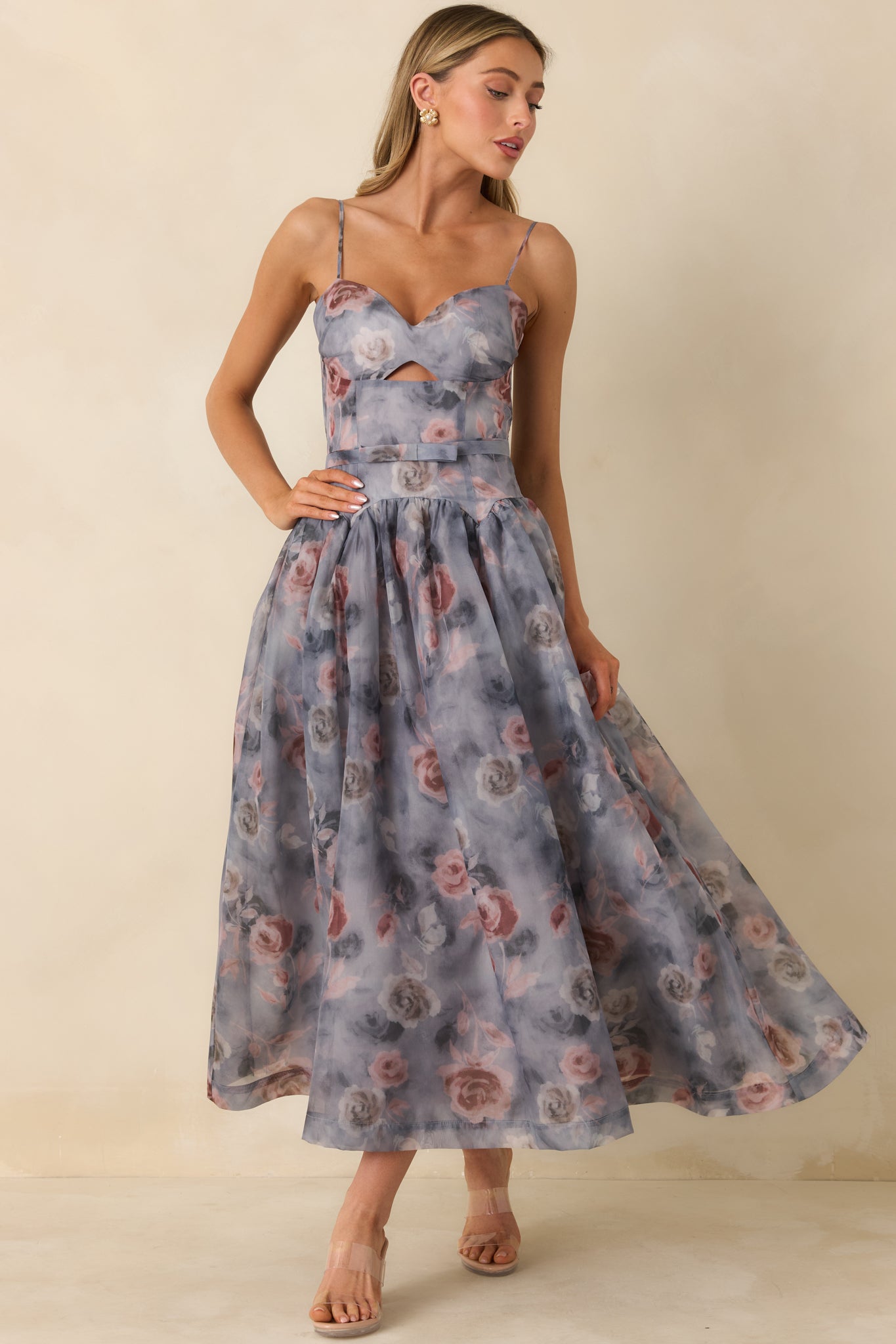 Bloom Service Grey Multi Floral Cutout Bodice Midi Dress