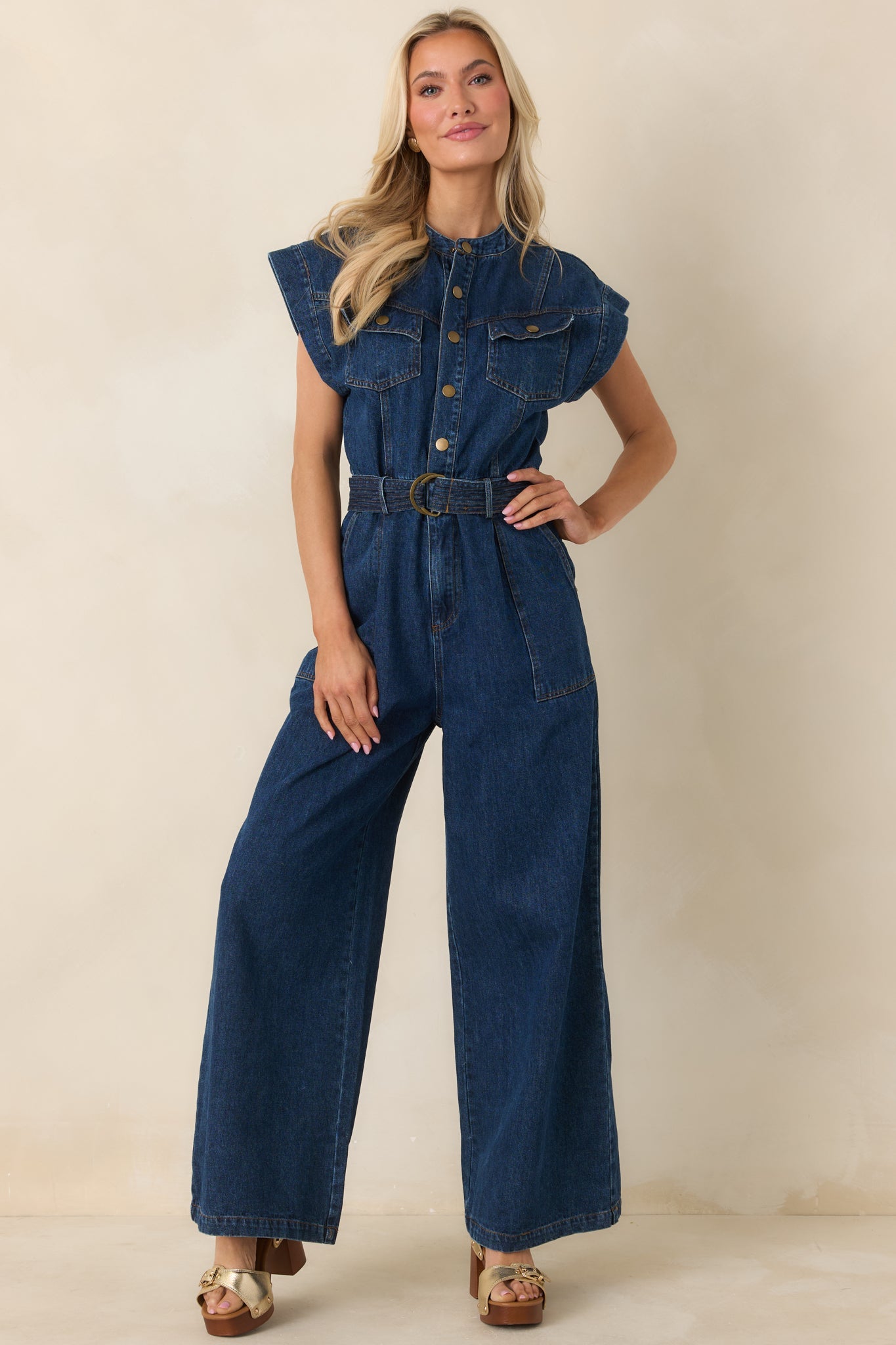 In the Fun Way Dark Wash Cotton Denim Belted Jumpsuit