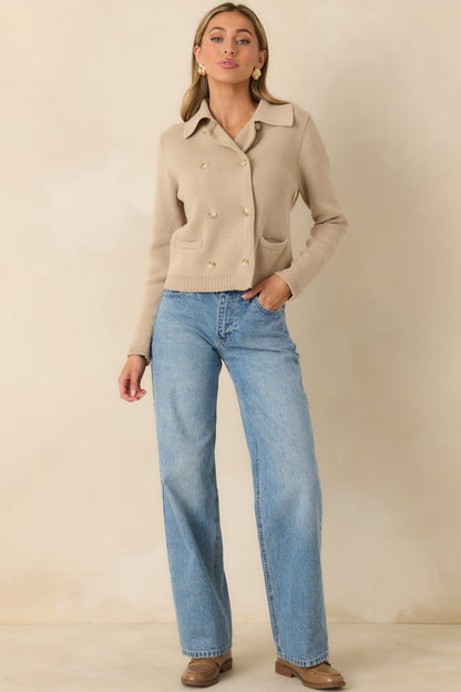 Well Kept Secrets Taupe Knit Cotton Double Breasted Cardigan
