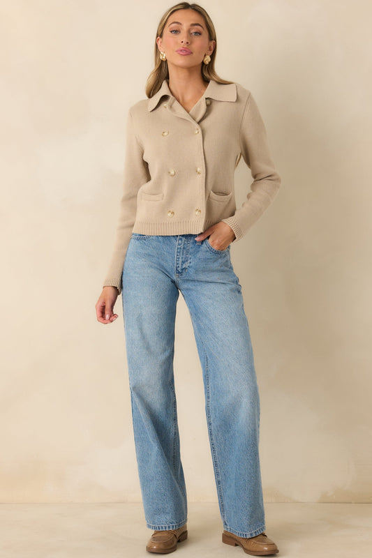 Well Kept Secrets Taupe Knit Cotton Double Breasted Cardigan