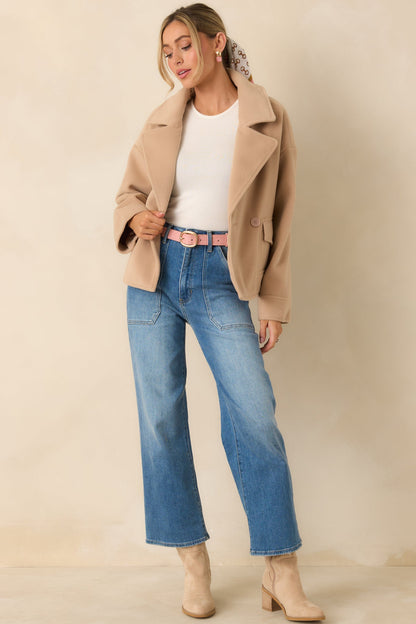 Well Considered Taupe Brushed Felted Double Breasted Cropped Jacket