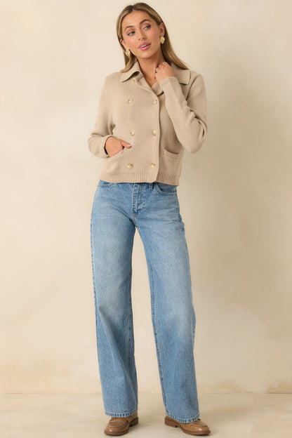 Well Kept Secrets Taupe Knit Cotton Double Breasted Cardigan