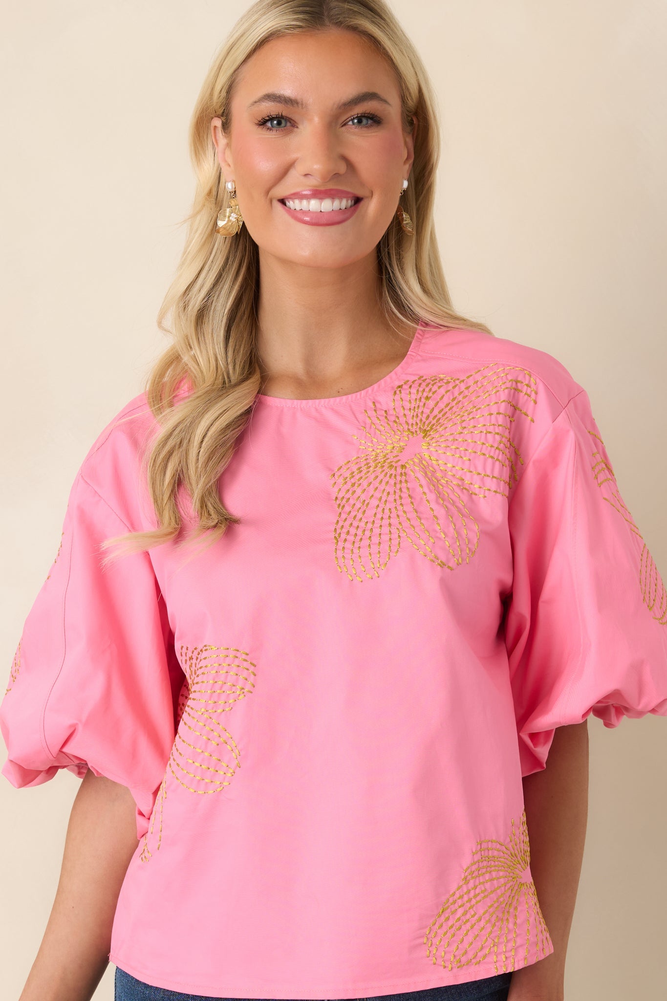 Pop of Play Pink Contrast Embroidered Cotton Top