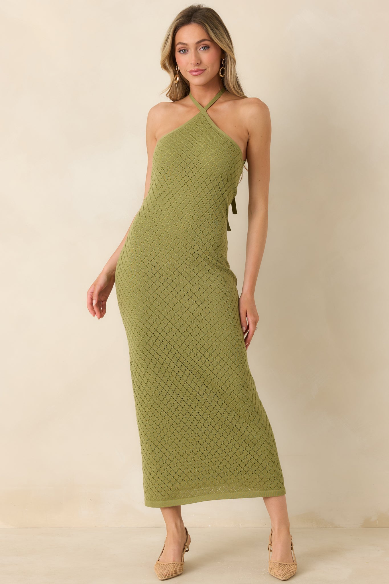 Causing a Heatwave Olive Green Textured Diamond Knit Halter Midi Dress