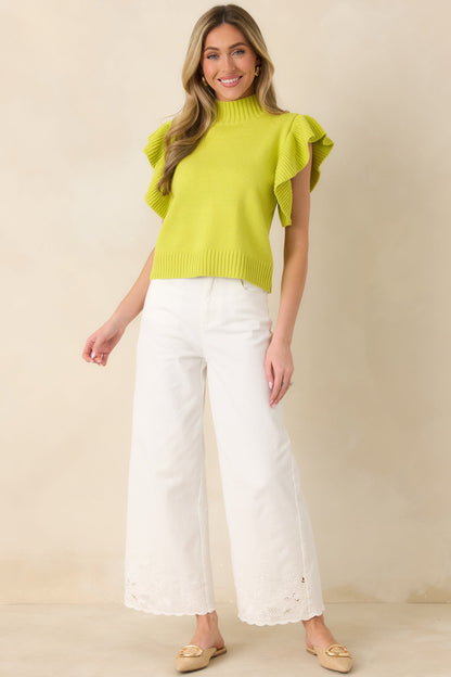 Watch Her Work Chartreuse Green Knit Flutter Sleeve Top