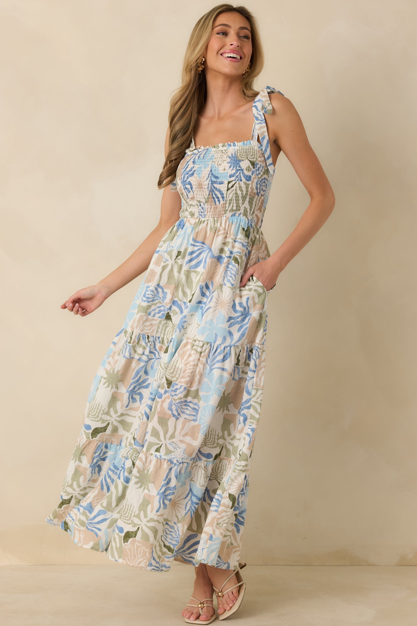 Shoreline Sonata Blue Multi Palm Print Tie Strap Tiered Maxi Dress