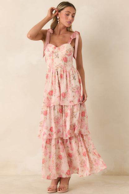 Written in Flowers Coral Pink Floral Tie Strap Maxi Dress