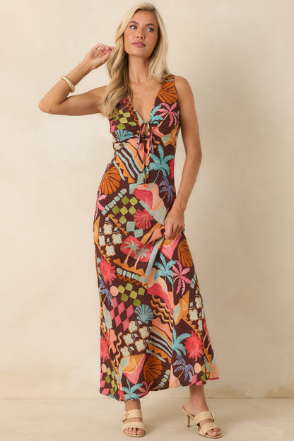 MINKPINK Isola Brown Multi Vintage Coastal Print Keyhole Midi Dress