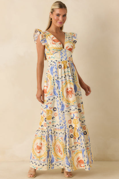 Prosperina Marjorie Multi Coastal Print V-Neck Maxi Dress