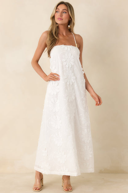 MINKPINK Alessia White Cotton Floral Applique Lace-Back Maxi Dress