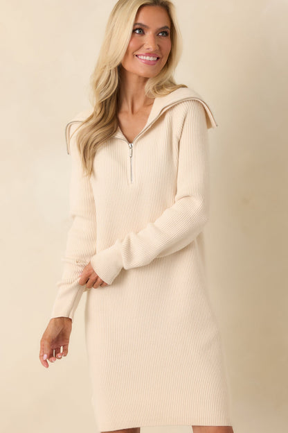 Ease Into It Beige Knit Half-Zip Funnel Collar Longline Sweater Dress