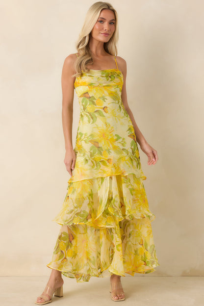 ASTR The Label Alison Yellow Floral Tiered Drop-Waist Maxi Dress