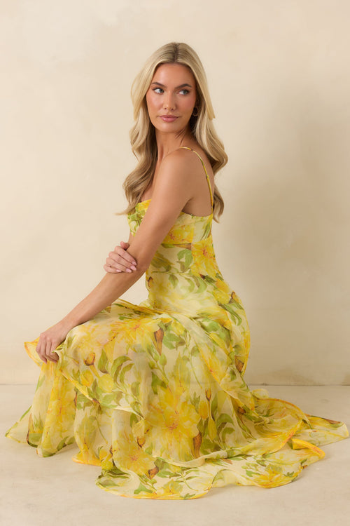 ASTR The Label Alison Yellow Floral Tiered Drop-Waist Maxi Dress