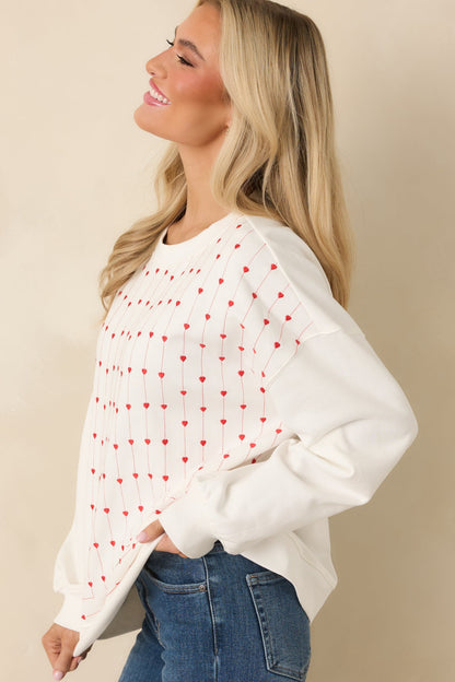 Heartstrings Attached White Cotton Embroidered Heart Crewneck Sweatshirt