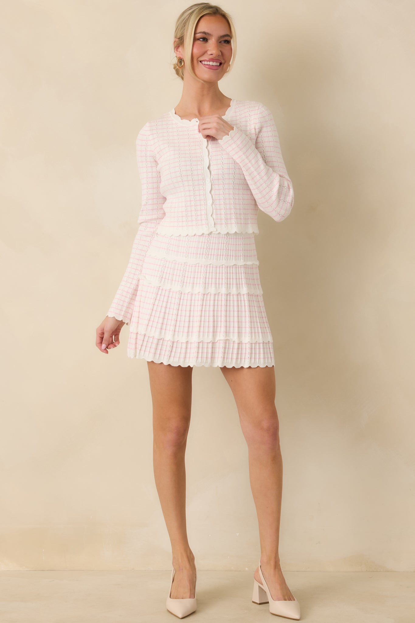 Soft Echoes White Stripe Pointelle Knit Mini Skirt