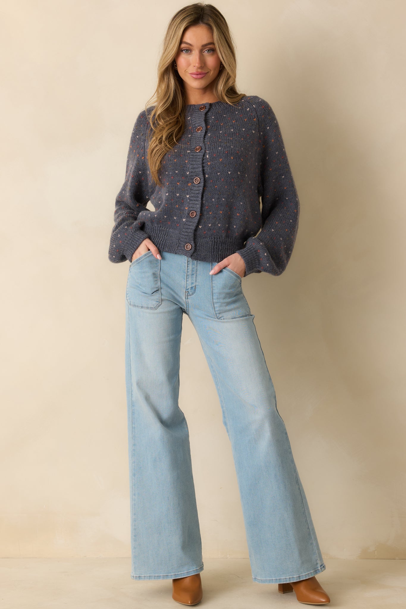 Sweet On You Navy Heather Knit Heart Button Up Cardigan Sweater