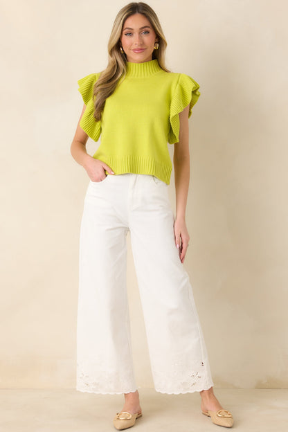 Watch Her Work Chartreuse Green Knit Flutter Sleeve Top