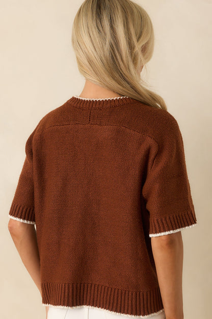 Never Looked Back Brown Contrast Trim Short Sleeve Sweater